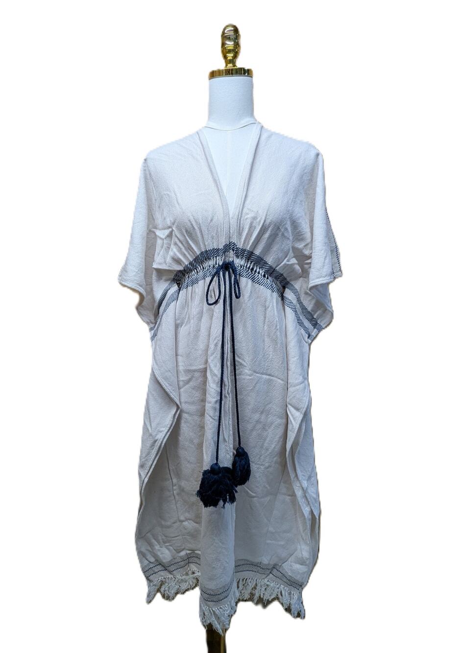 Peruvian Connection White and Blue Kaftan Dress XS/Small Relaxed Beach Fit